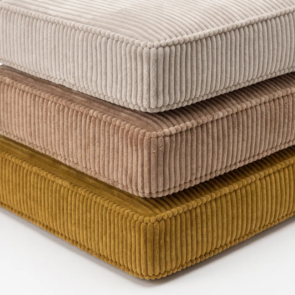 Stack of three corduroy box cushions in cream, camel tan and mustard, showing wide wale and beaded self piping