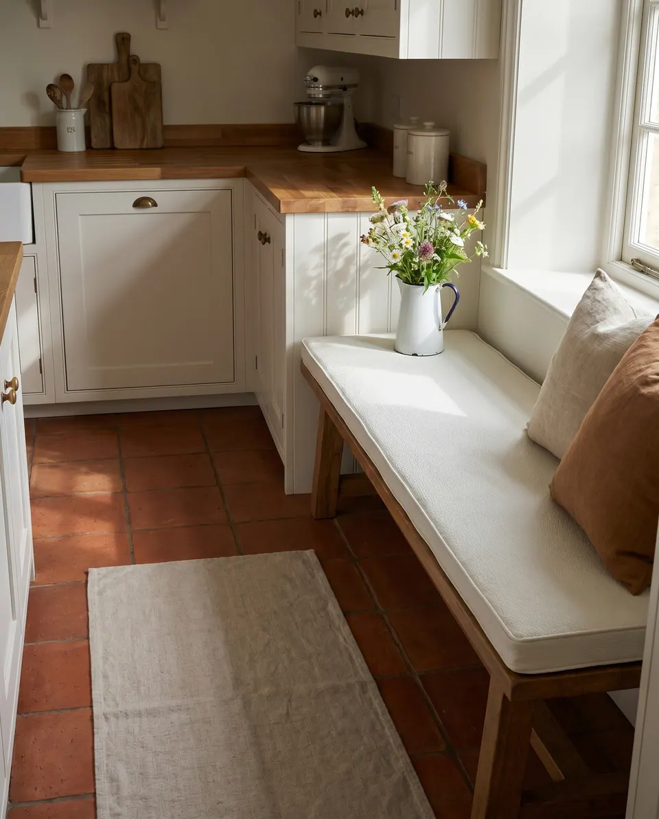 Cream piped bench cushion on an oak trestle bench in a shaker kitchen with terracotta tiles, wildflowers and linen pillows