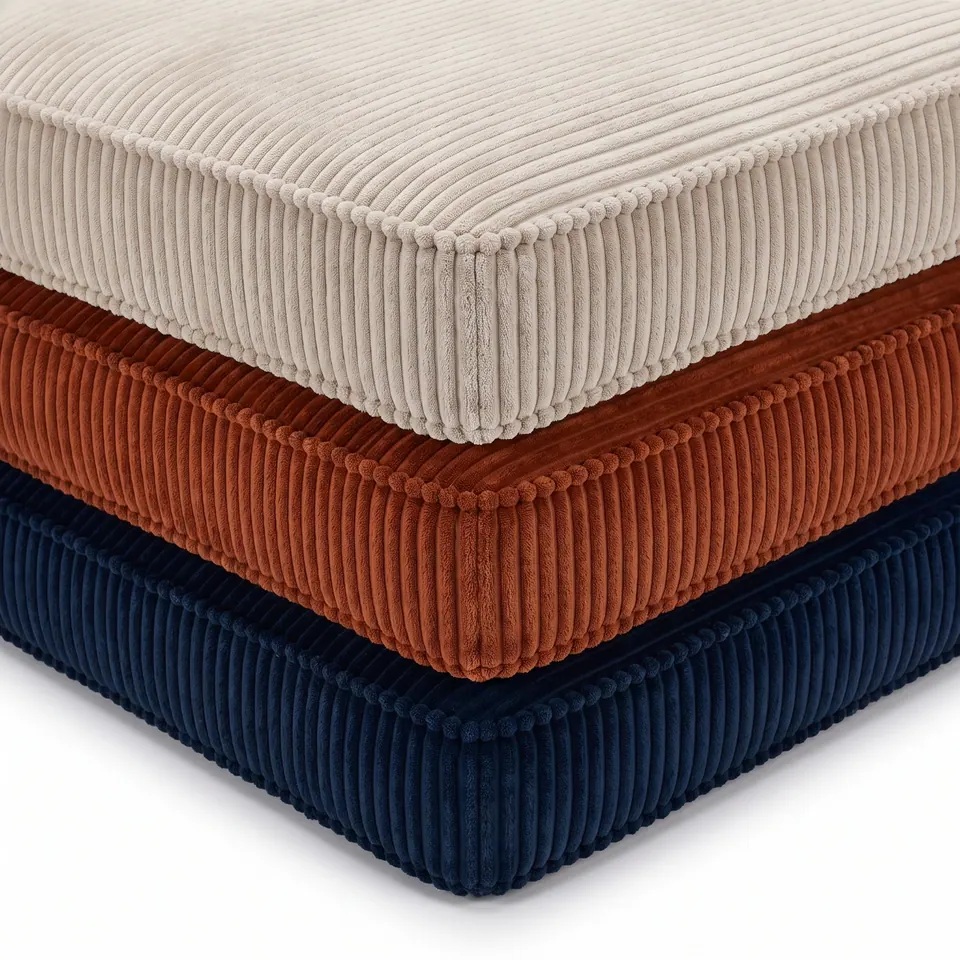 Three stacked wide-wale corduroy box cushions in cream, rust terracotta and navy, showing self-piped corners on white