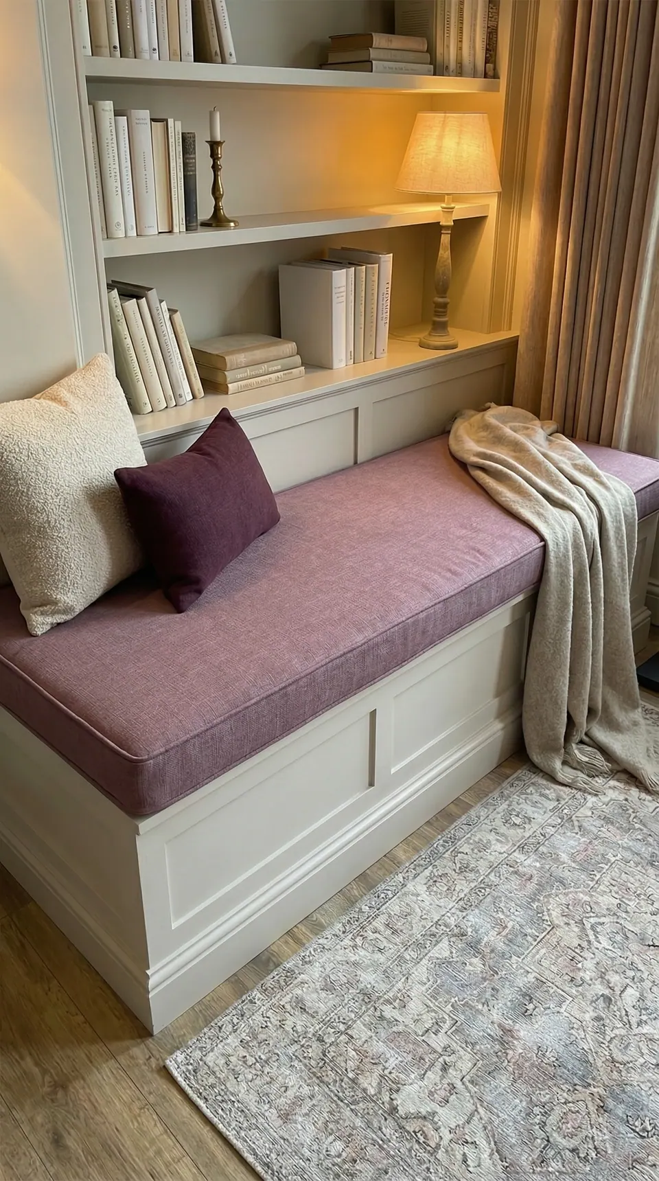 Dusty mauve linen-look bench cushion on a paneled library bench with plum velvet and sherpa pillows, lamp and vintage rug