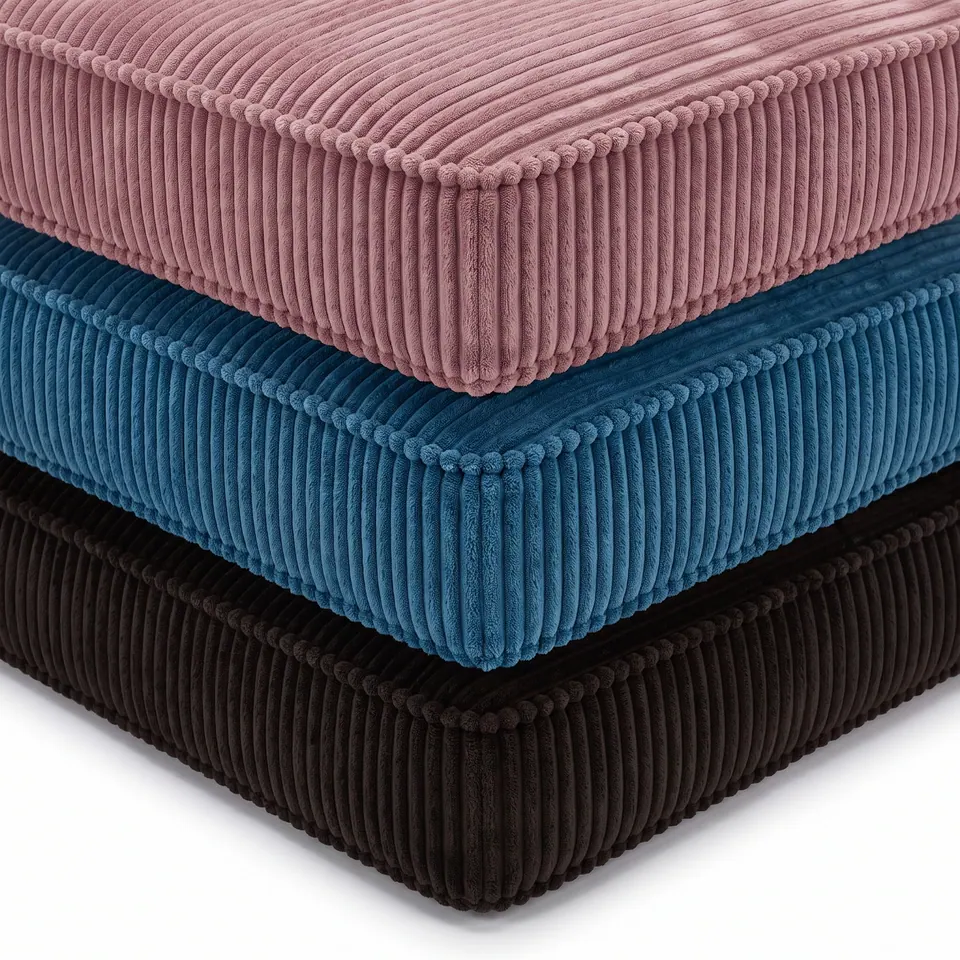 Three stacked corduroy box cushions in dusty pink, steel denim blue and espresso brown with matching self piping