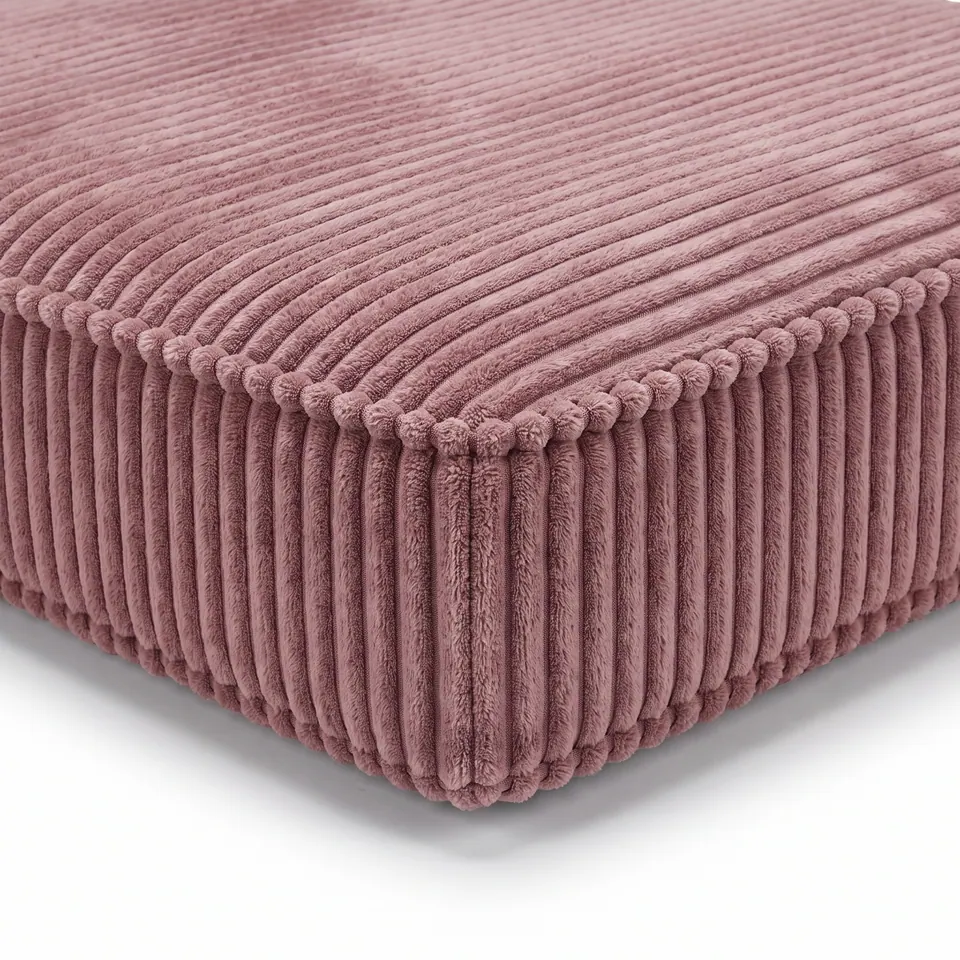 Close-up of a dusty rose wide-wale corduroy box cushion corner with beaded self piping and a straight vertical seam