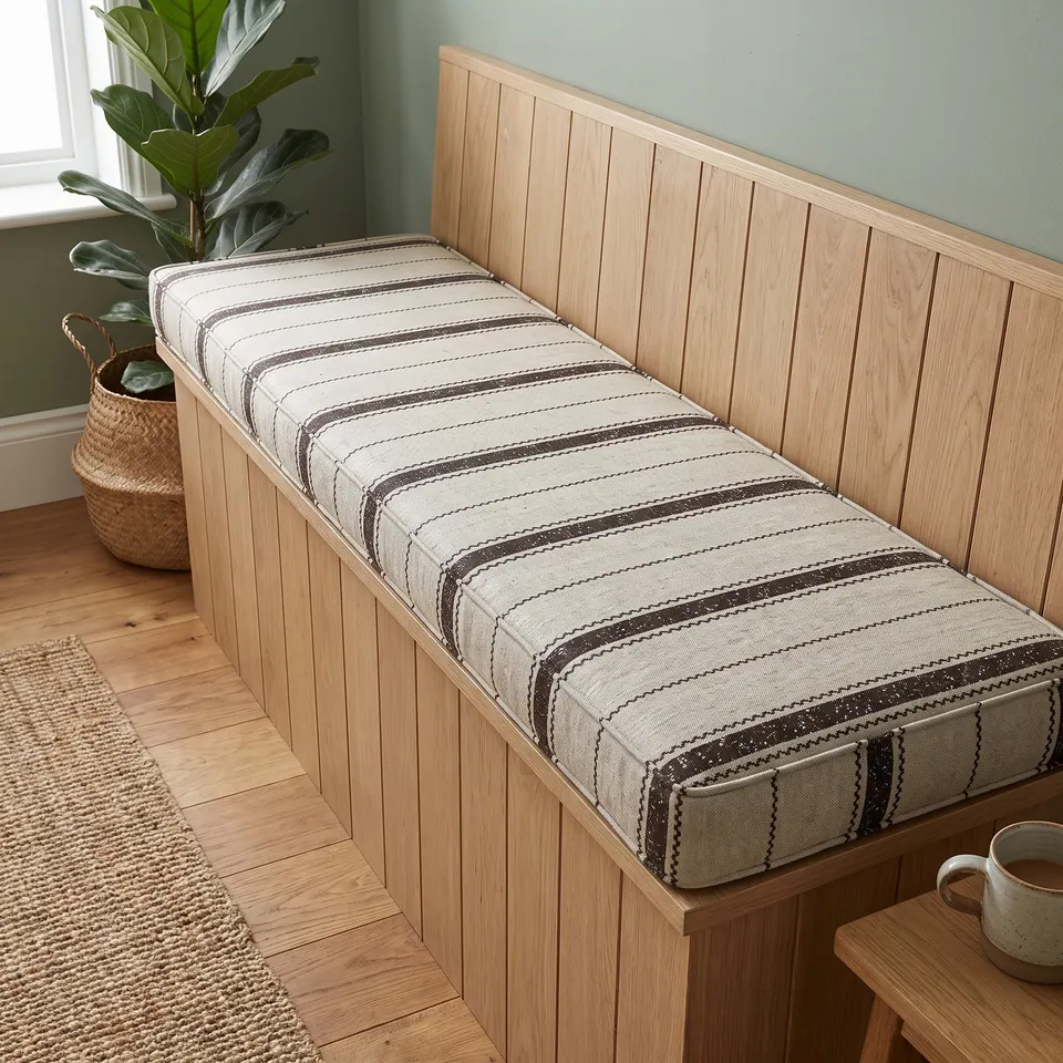 Oatmeal cushion with espresso grain-sack bands and zigzag stitching on an oak tongue-and-groove bench against a sage wall