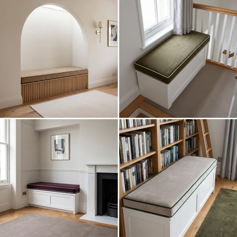 Grid of four bench cushions: sand in an arched alcove, olive on a landing, plum by a fireplace, greige in a library