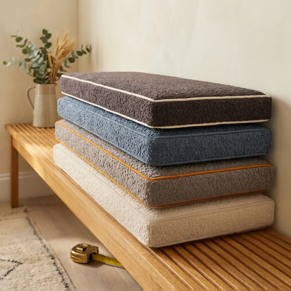 Four stacked textured bench cushions in charcoal, blue, taupe and cream with cream, self and caramel piping on an oak bench