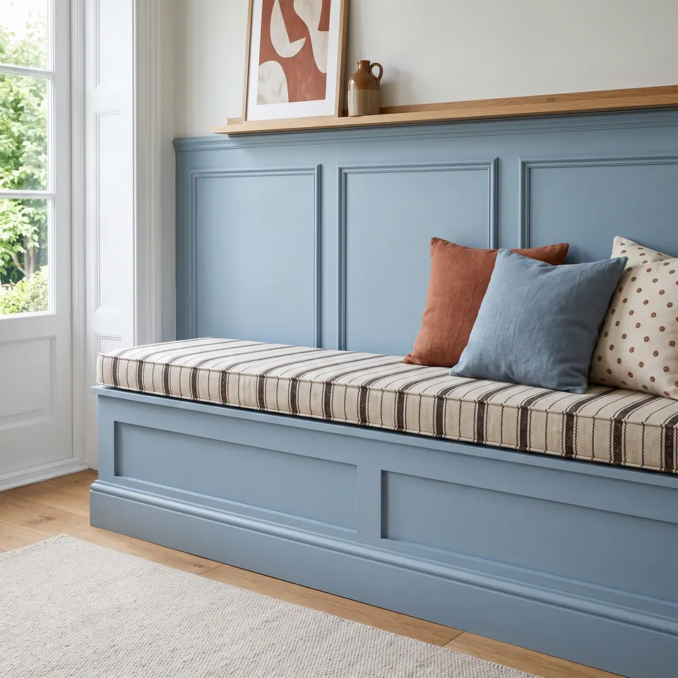 Cream box cushion with espresso grain-sack stripes on a dusty blue paneled bench, with rust, blue and polka-dot pillows