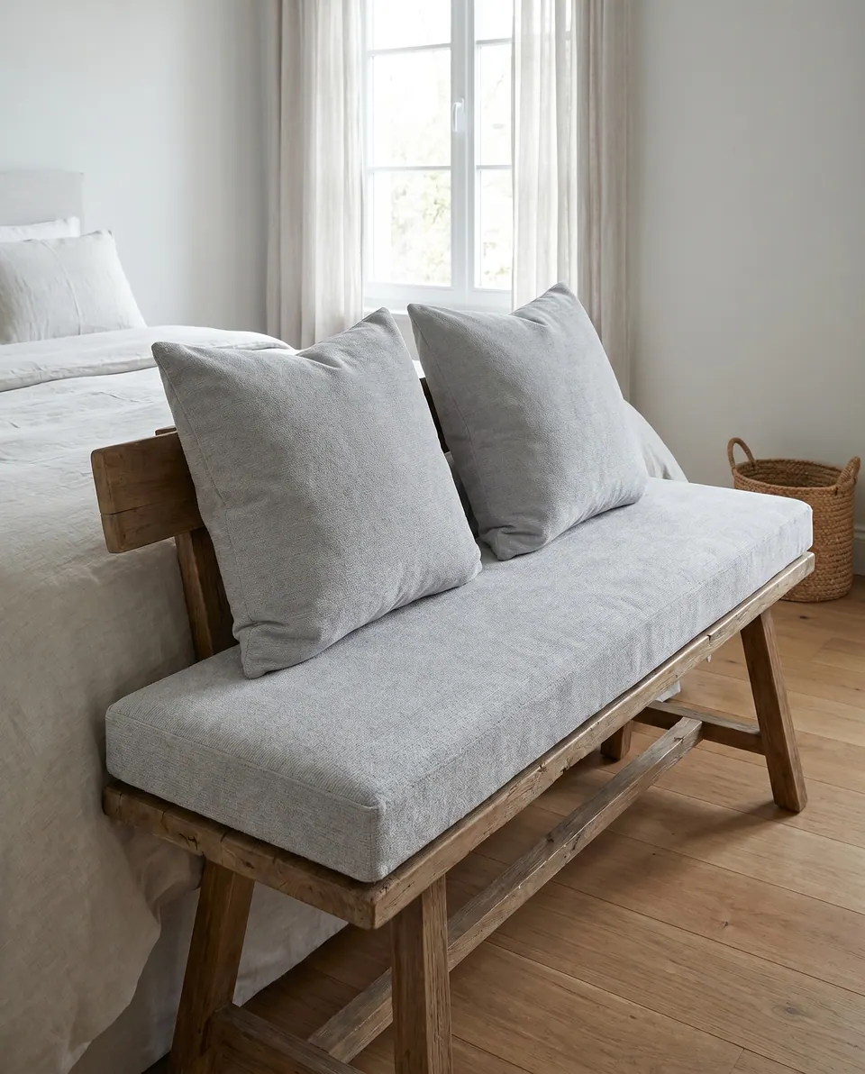 Light gray linen-look seat cushion and two square back pillows on a reclaimed wood bench at the foot of a linen bed
