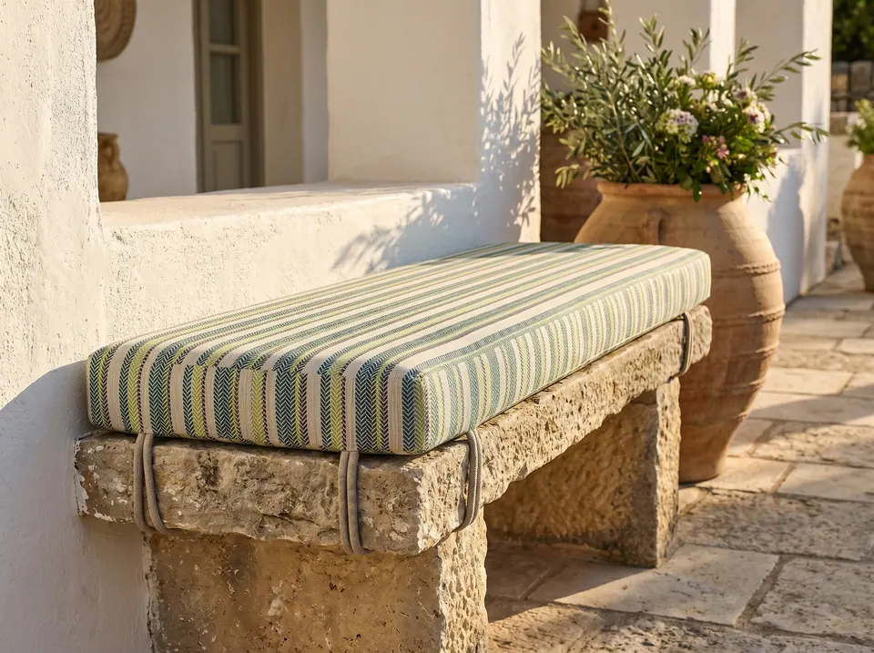 Green, lime and cream striped box cushion held by fabric straps on a rough limestone bench in a whitewashed courtyard