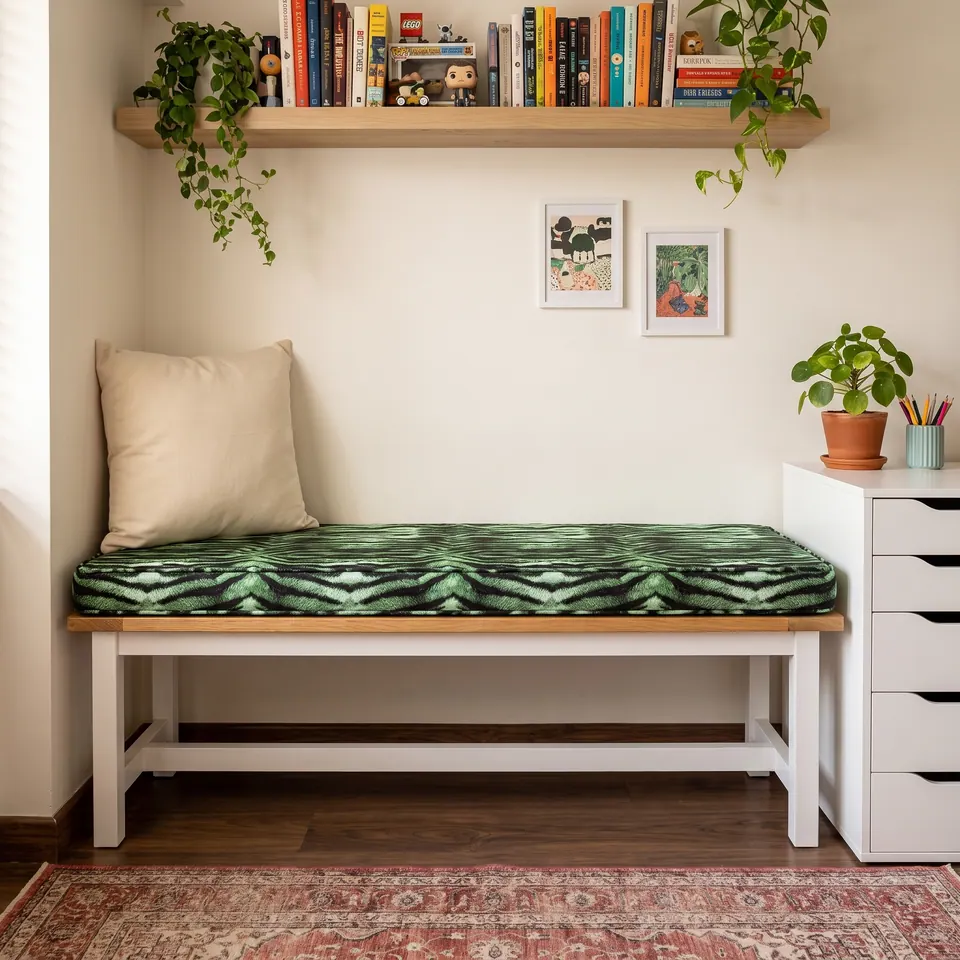 Green and black tiger-stripe box cushion on a white bench with oak top under a book shelf, next to a white drawer unit