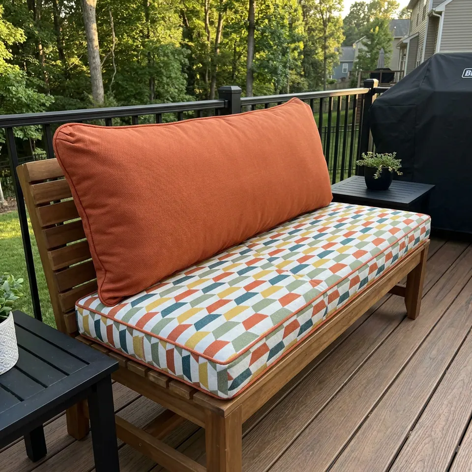 Multicolour hexagon print seat cushion with orange piping and a single long rust back pillow on an acacia bench on a deck