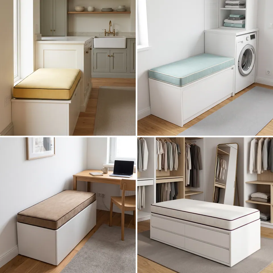 Grid of four box cushions: mustard in a kitchen nook, mint in a laundry, mocha in a study, ivory in a dressing room