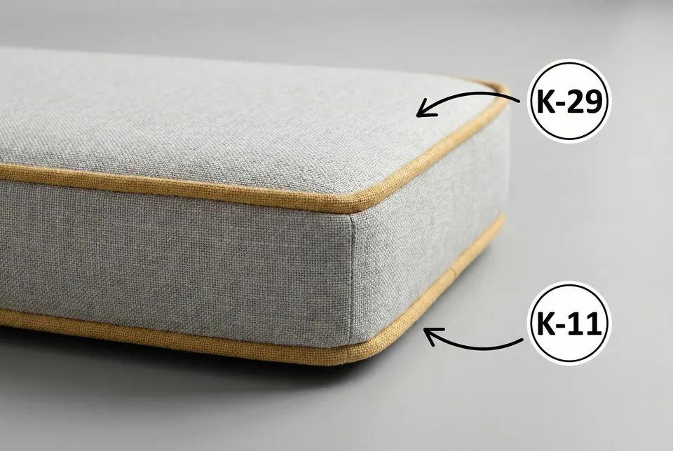 Corner of a light gray linen-weave box cushion finished with ochre yellow piping on the top and bottom seams