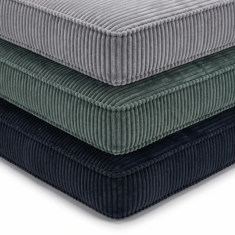 Stack of three corduroy box cushions in light gray, muted teal and anthracite, showing self-piped corners on white