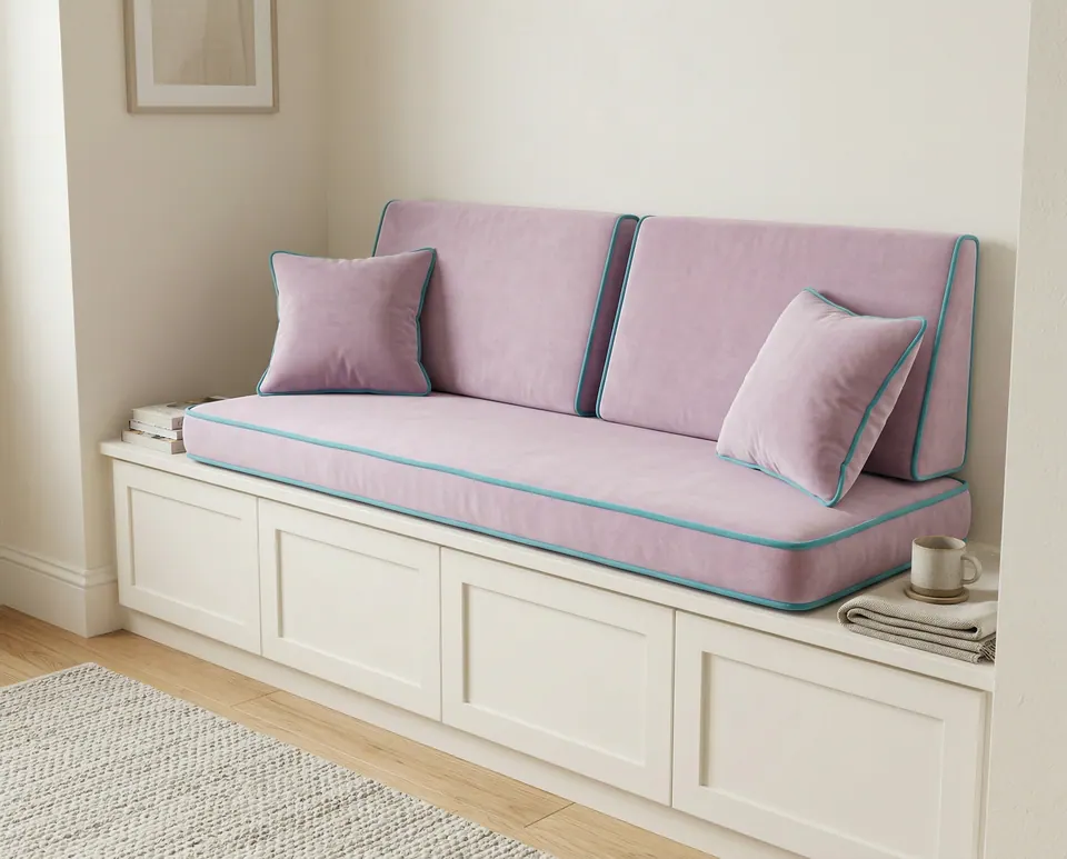 Lilac velvet bench cushion and two backrests with teal contrast piping on a cream shaker storage bench in a wall recess
