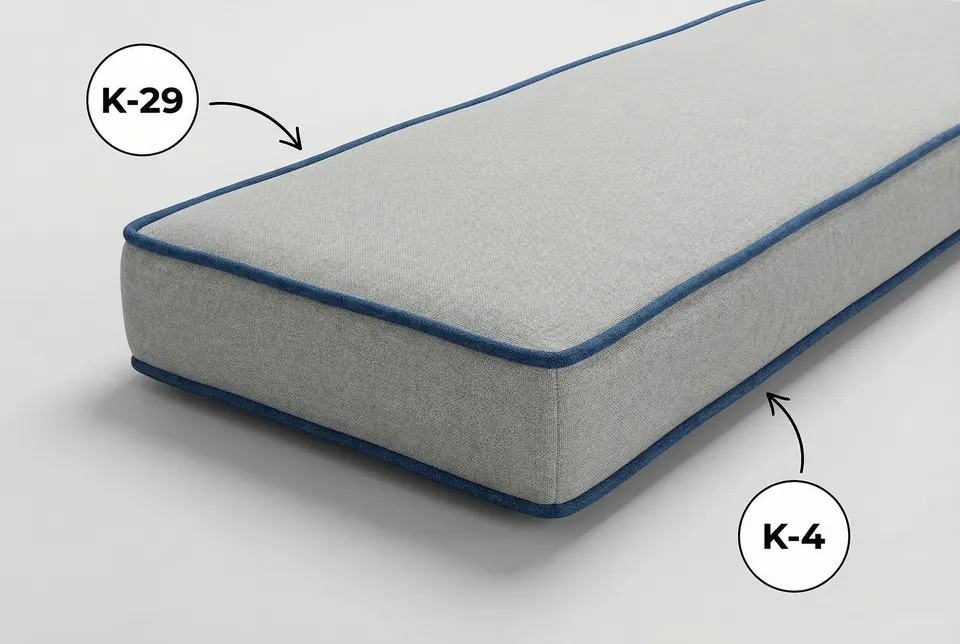 Long light gray linen-weave bench cushion with steel blue piping along the top and bottom box seams