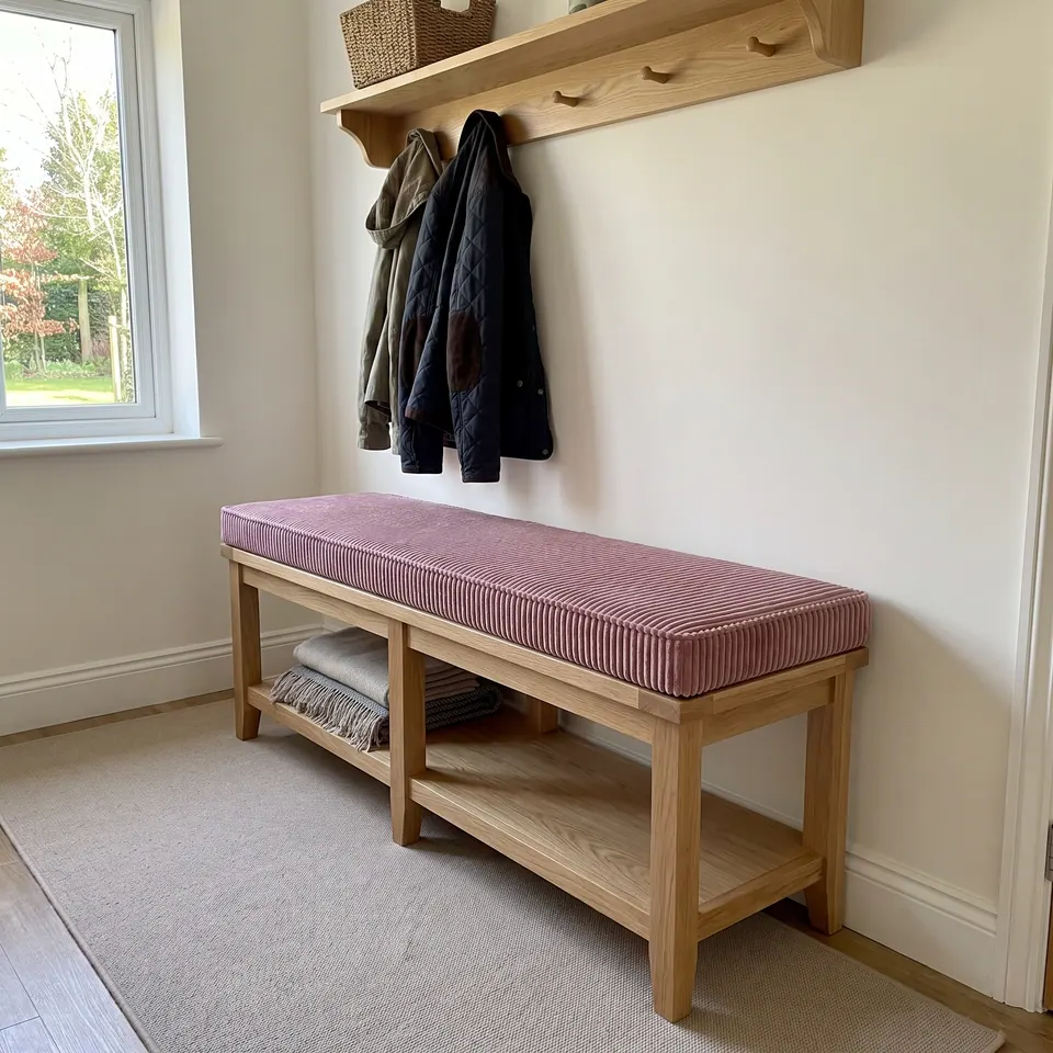 Dusty mauve corduroy cushion on an oak hall bench with a lower shelf, coats on an oak peg rail and a sisal runner