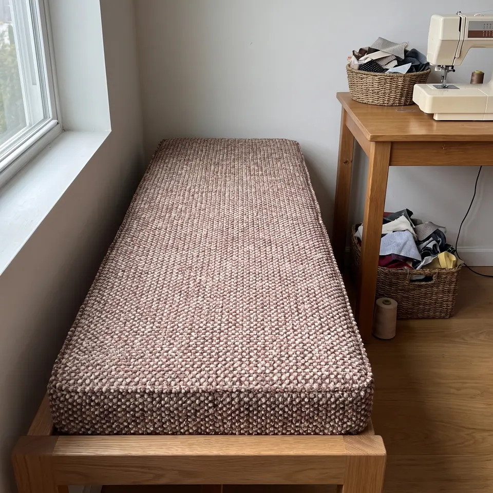 Mocha and cream nubby-weave box cushion on an oak bench under a window beside a sewing machine table