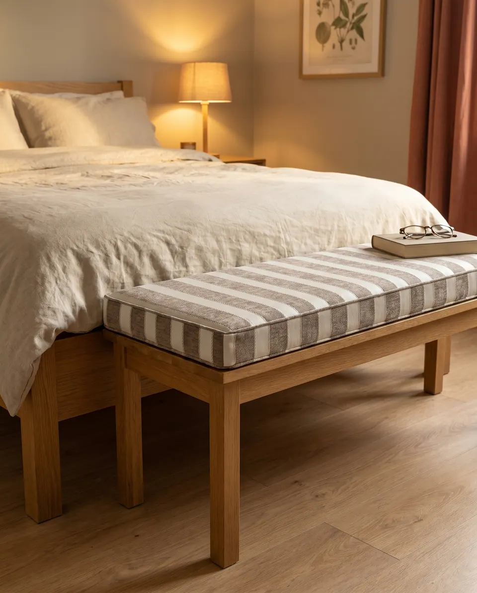 Mushroom and ivory striped box cushion on an oak end-of-bed bench with a book and glasses beside a linen bed