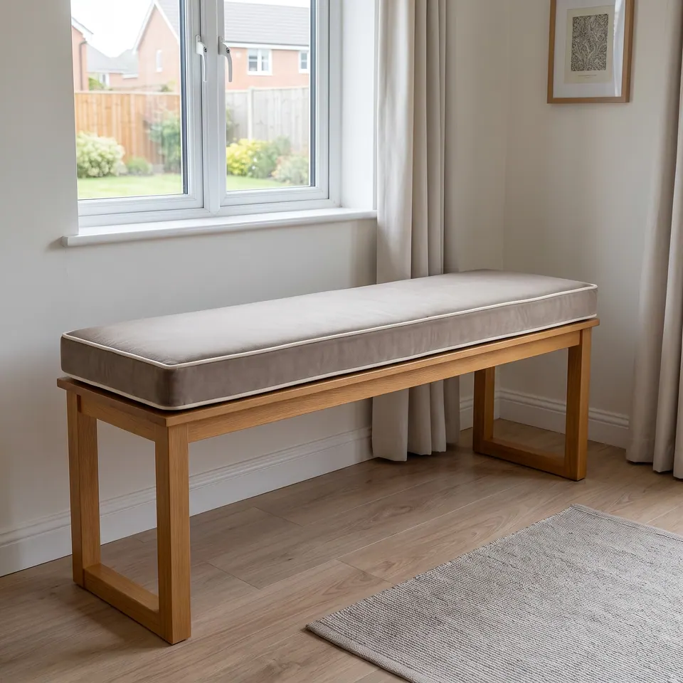 Mushroom taupe velvet bench cushion with cream piping on a light oak frame bench under a garden window