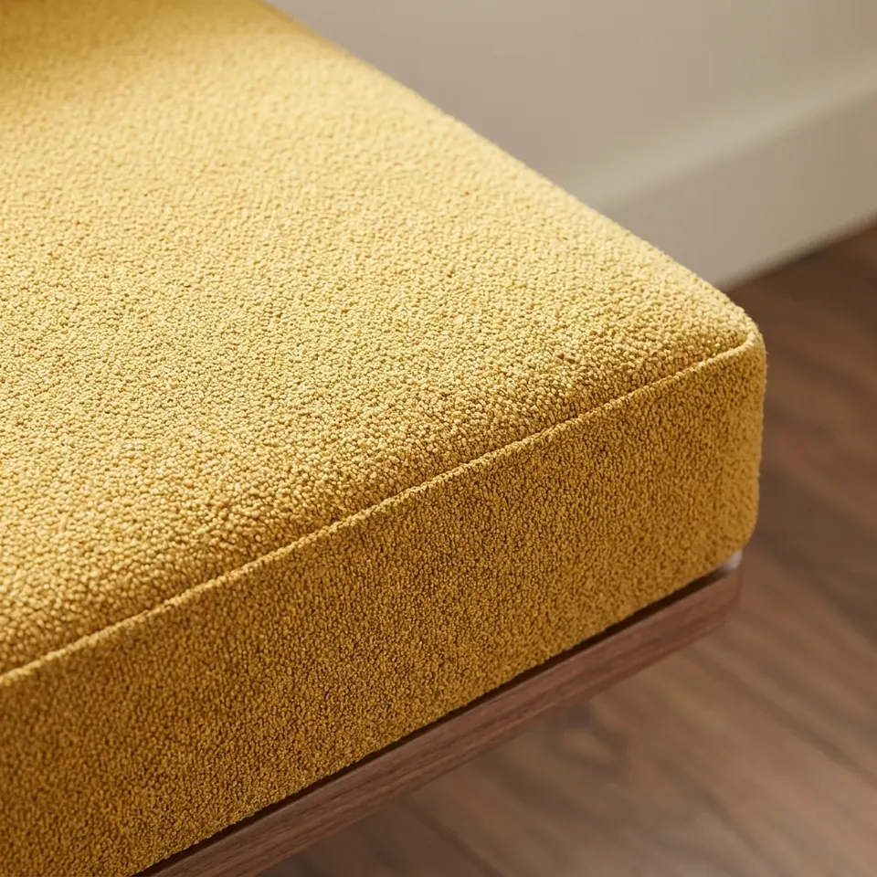 Pinned: Close-up of a mustard yellow bouclé box cushion corner without piping on a dark walnut bench base