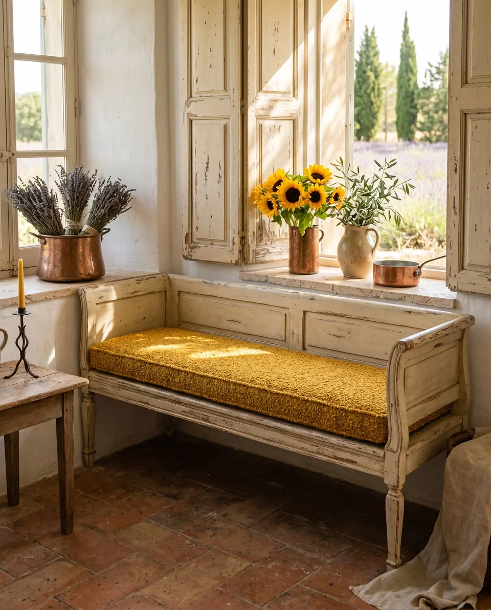 Mustard bouclé cushion inside a distressed cream painted settle by a shuttered window with sunflowers and copper pots