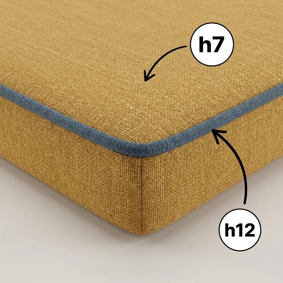 Labeled corner of a mustard woven box cushion with dusty blue piping, arrows marking the body fabric and the piping cord