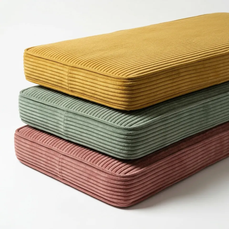 Three stacked corduroy bench cushions in mustard, sage green and dusty rose showing piped box edges on white