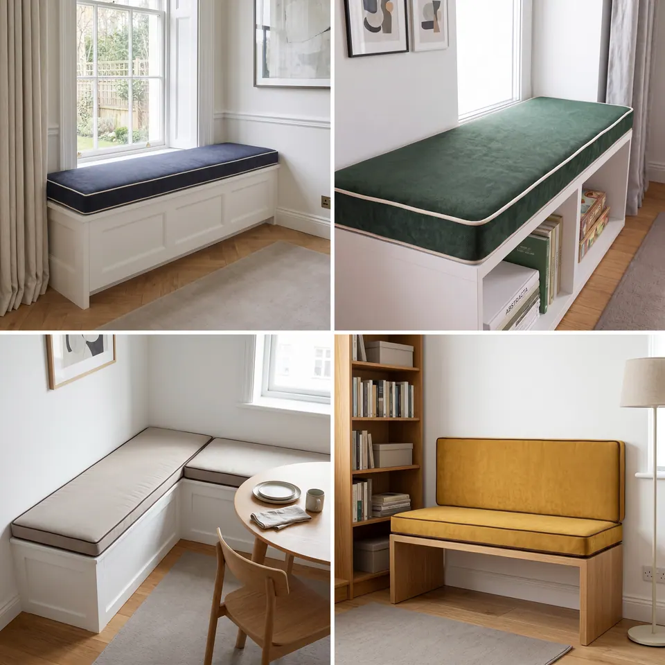 Grid: navy window seat cushion, green cube bench, greige L-shaped corner banquette and mustard seat with backrest