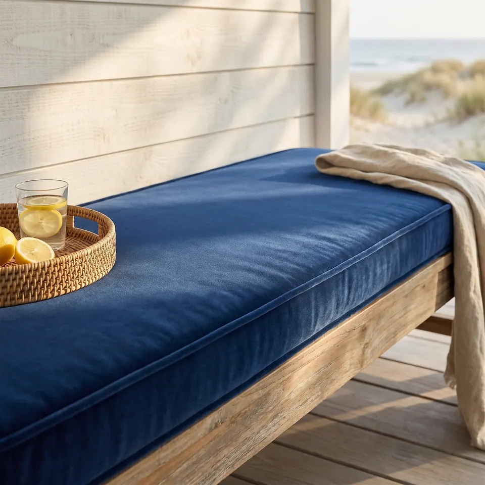 Navy velvet bench cushion on a weathered wooden deck bench with a rattan tray of lemons and a view of the dunes