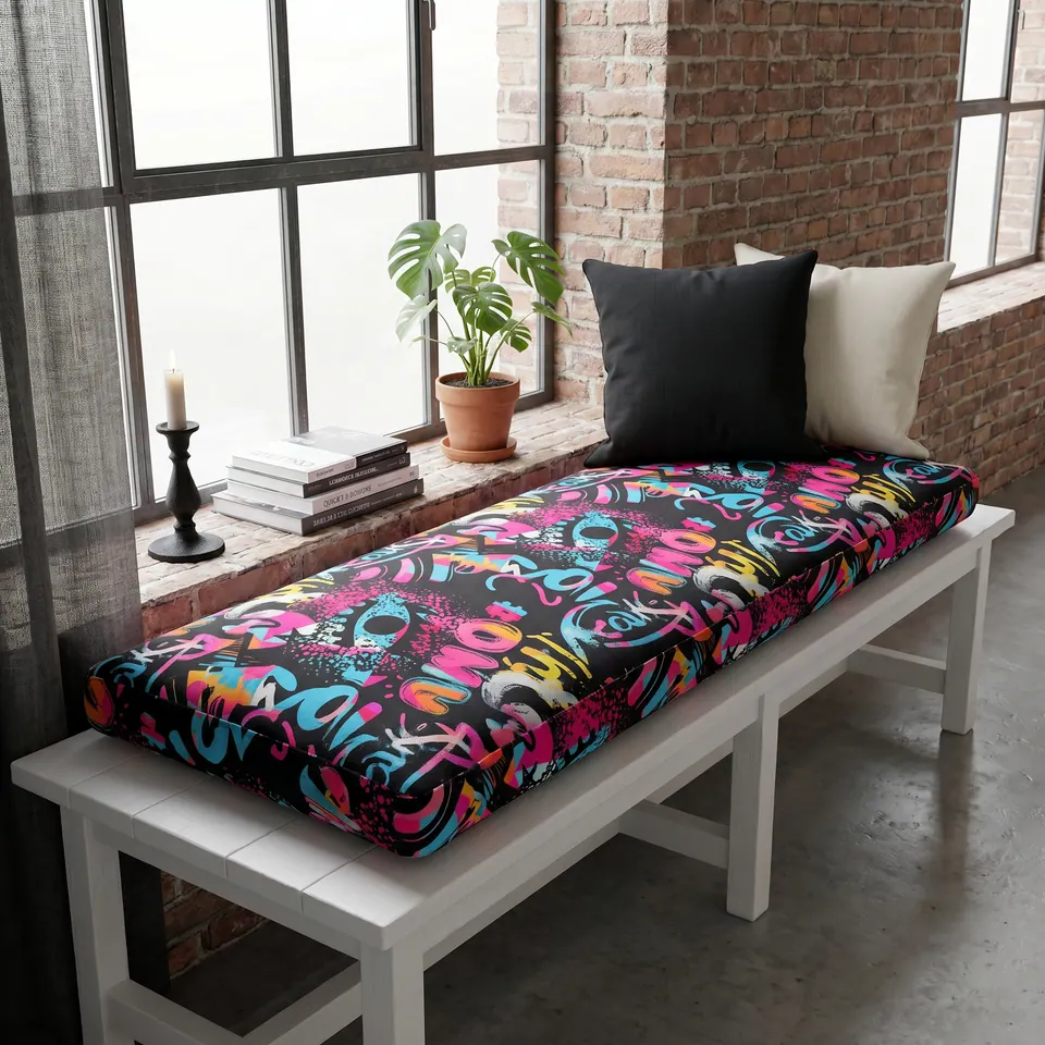 Black bench cushion with neon pink, turquoise and yellow graffiti print on a white wooden bench in a brick loft, black pillow