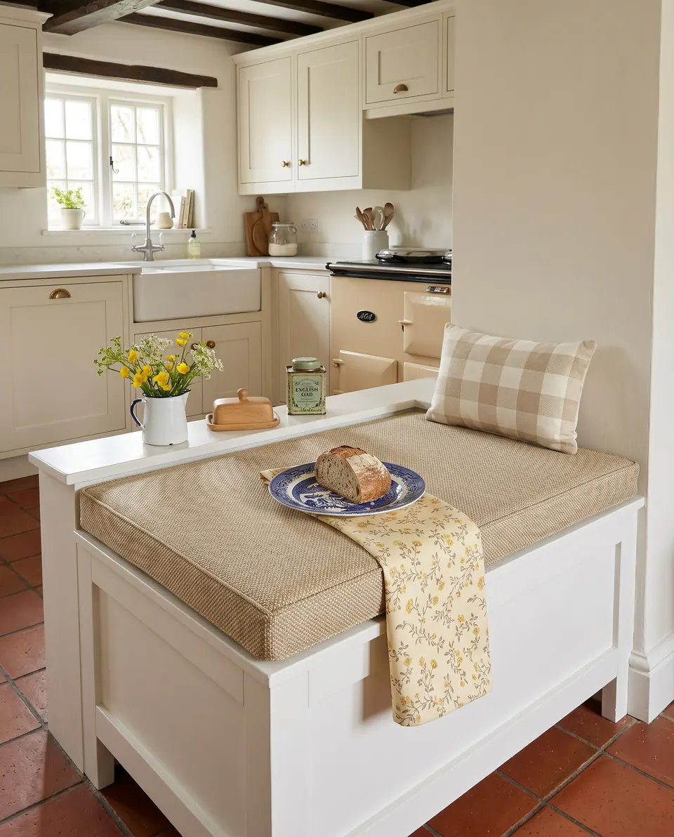 Oatmeal woven box cushion on a cream kitchen storage bench with a check pillow, loaf on a willow plate and floral tea towel