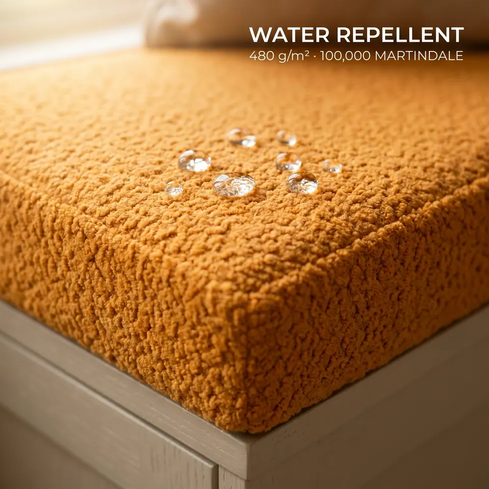 Clear water droplets resting on the corner of an ochre orange bouclé box cushion on a pale gray cabinet top