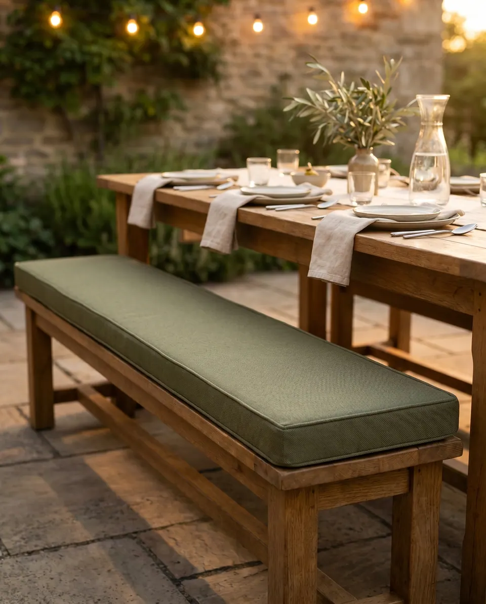 Olive green outdoor bench cushion on a rustic wooden dining bench at a laid table under festoon lights at dusk