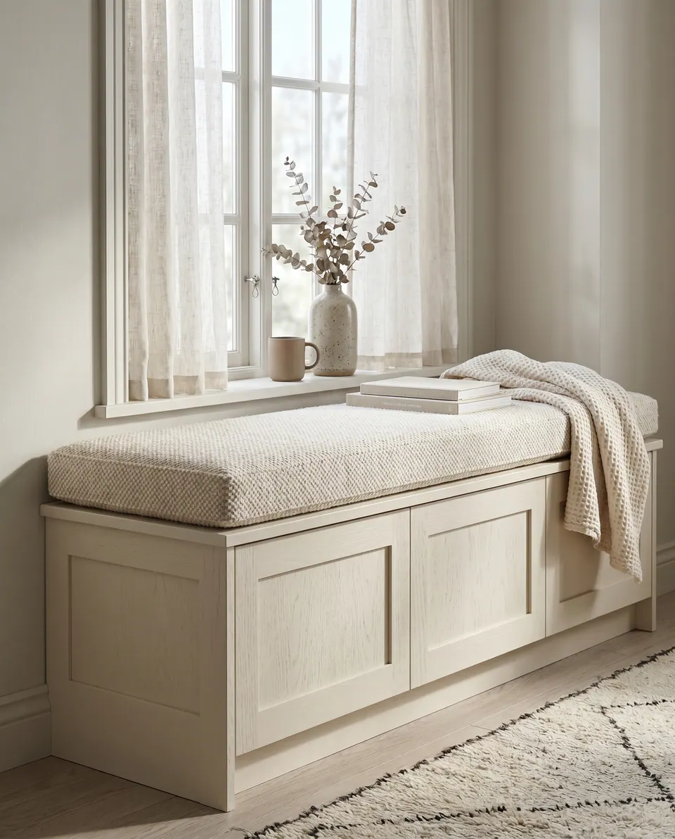 Pale cream dotted weave cushion on a freestanding cream shaker storage bench below sheer curtains, knit throw draped at end