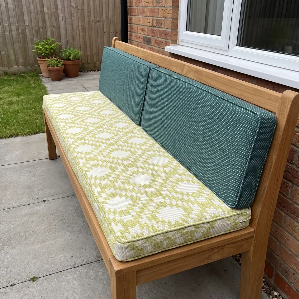 Pistachio and white geometric seat cushion with two deep green dotted box back cushions on a teak bench against red brick
