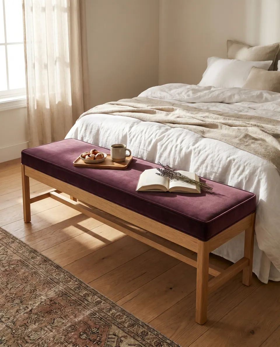 Plum velvet box cushion on a light oak end-of-bed bench with white linen bedding, a coffee tray and an open book