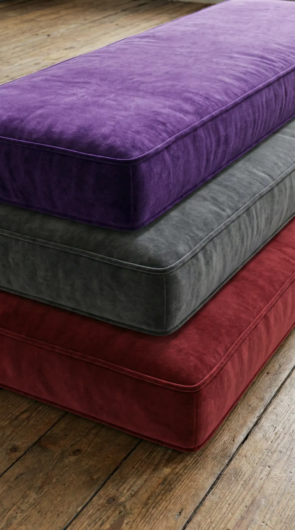 Stack of purple, slate gray and crimson velvet bench cushions with self piping on worn pine floorboards