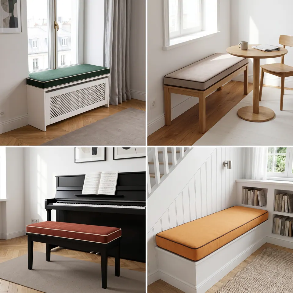 Grid: green cushion on a radiator cover, greige on an oak bench, rust on a piano bench, orange under the stairs