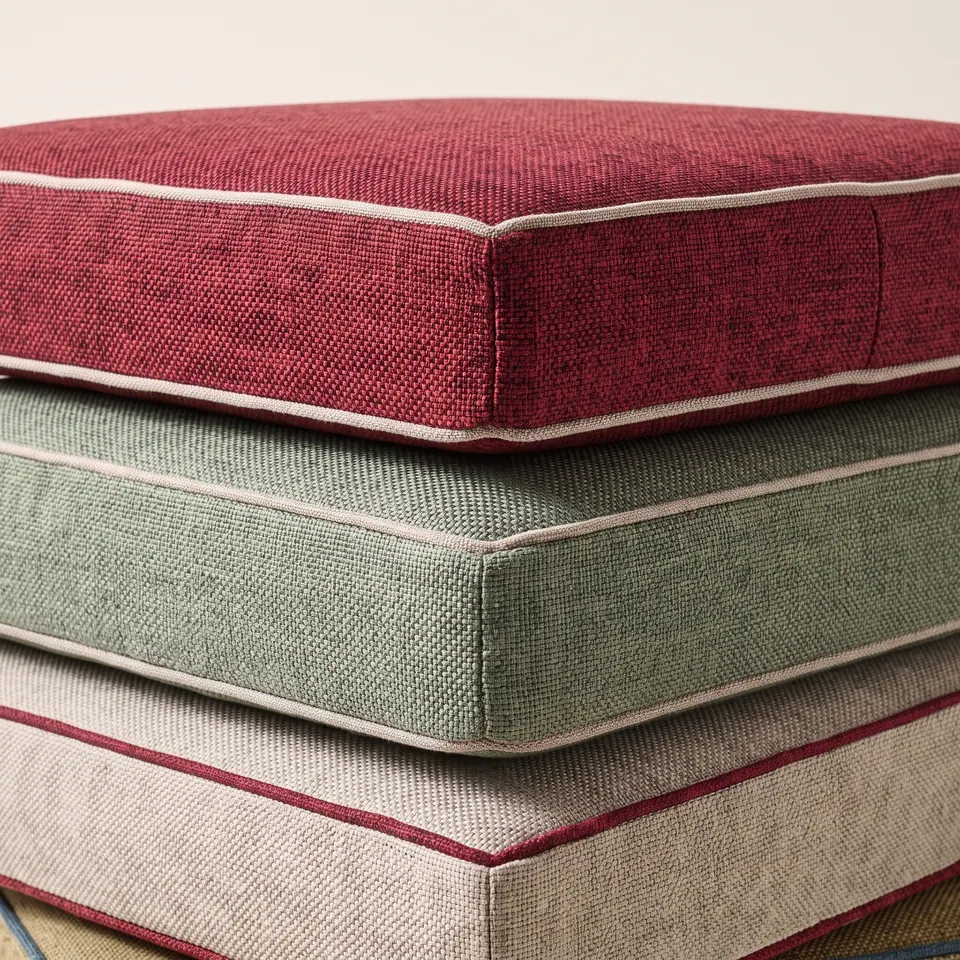 Close-up of stacked box cushions: cherry red with oatmeal piping, sage with oatmeal piping, oatmeal with red piping