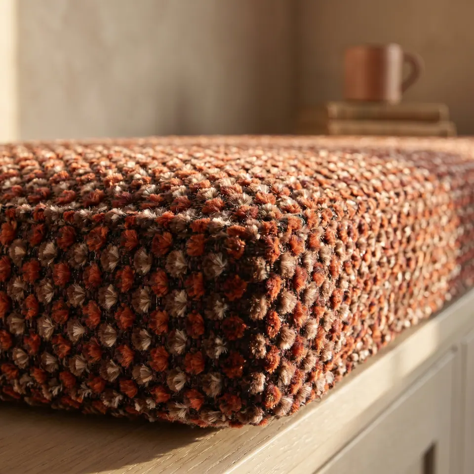 Close-up of a rust, orange and chocolate dotted chenille cushion corner with a plain seam, clay mug on books behind