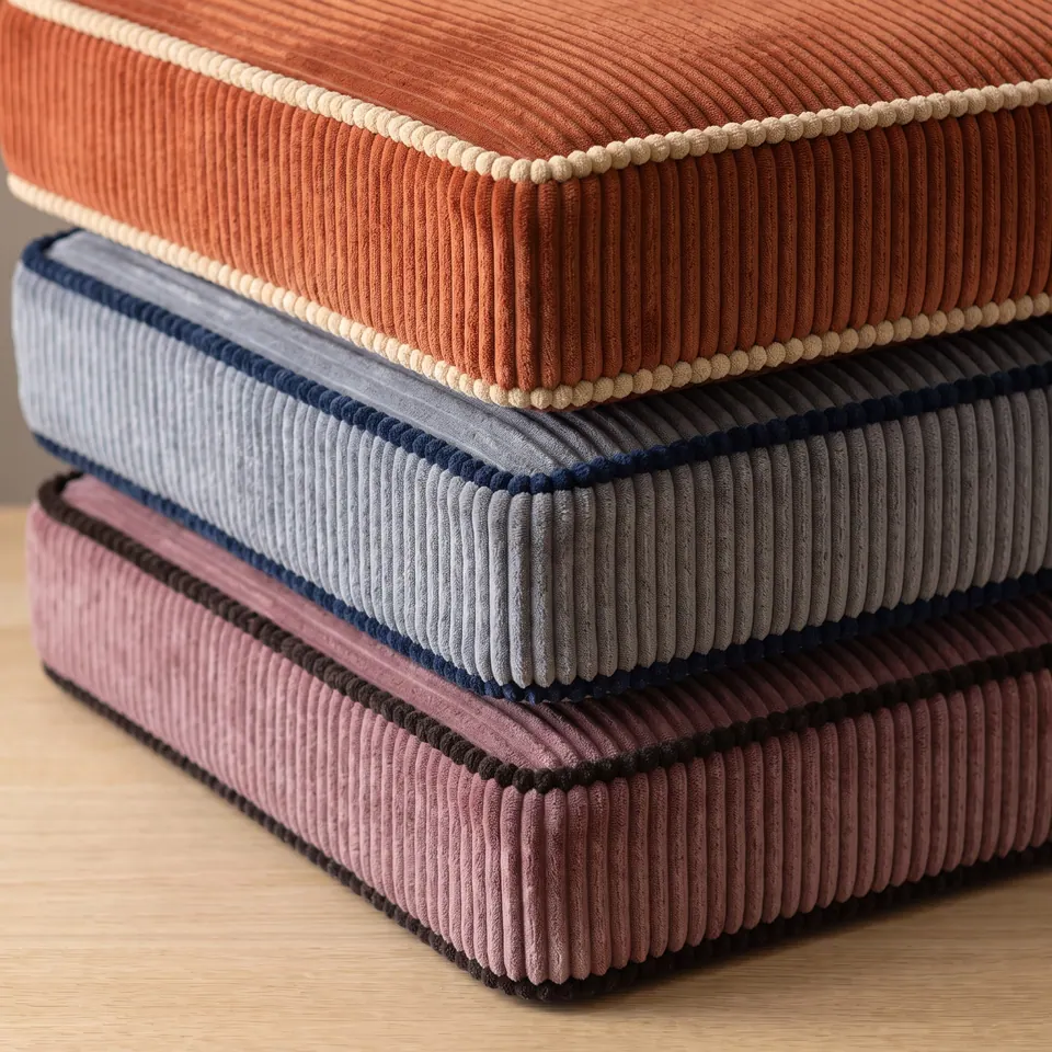 Close stack of three corduroy box cushions in rust, pale gray and dusty pink with cream, navy and chocolate piping