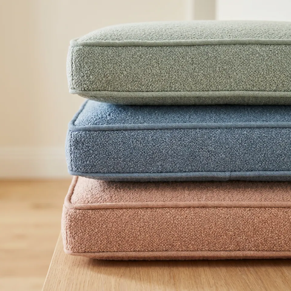 Three bouclé box cushions in sage, dusty blue and dusty rose, each with self-piping, stacked on an oak bench