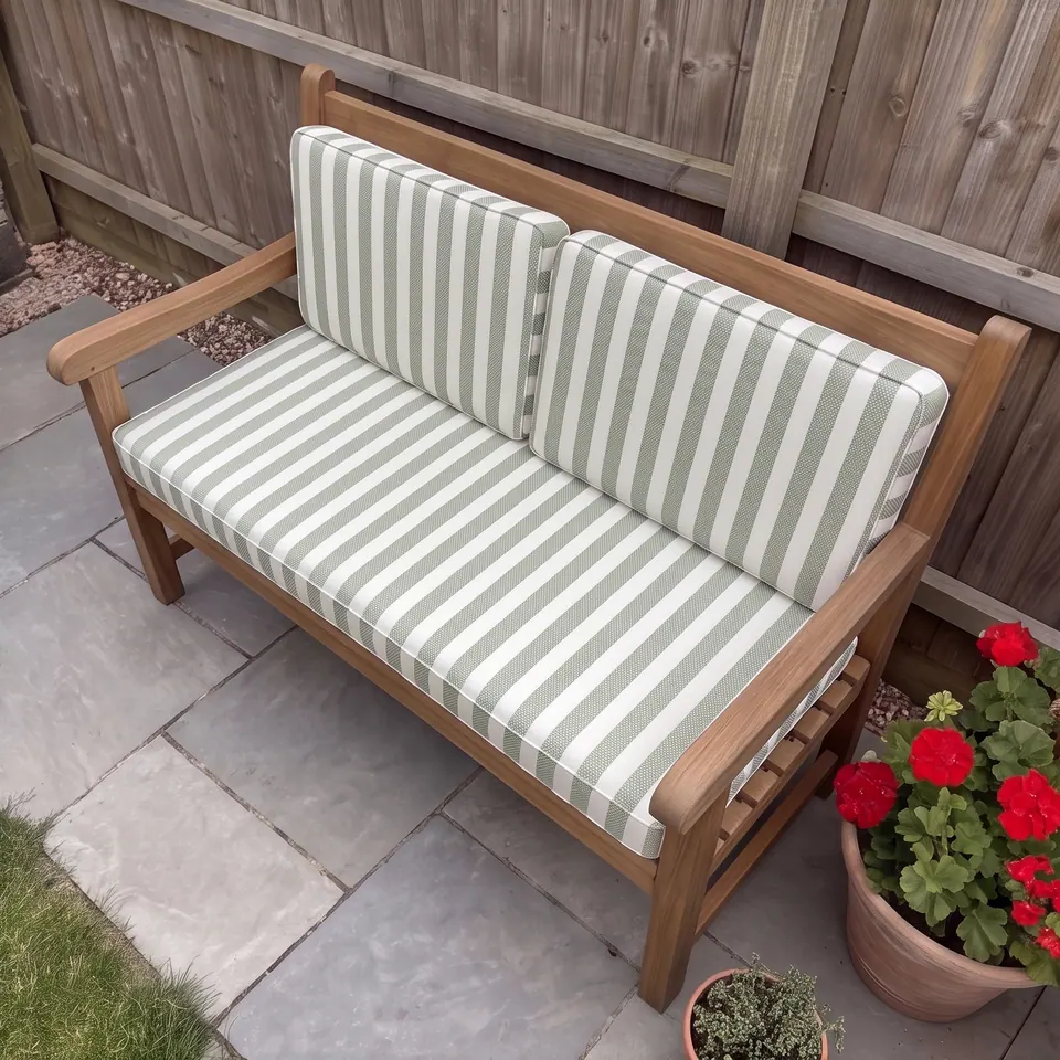 Sage and white striped seat and back cushions on a teak garden bench seen from above, red geraniums in front