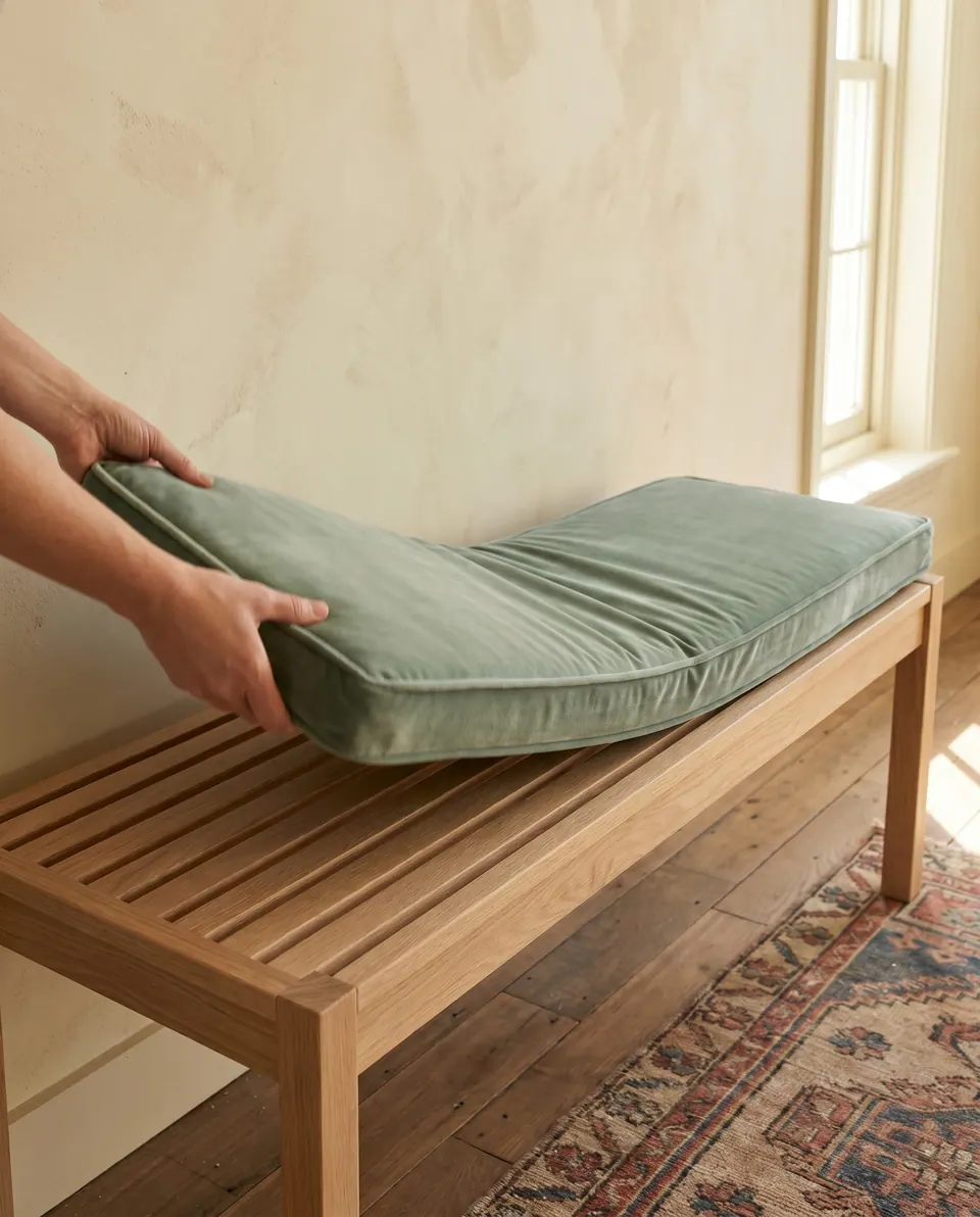 Hands lowering a sage green velvet box cushion onto a slatted light oak bench in a limewashed hallway