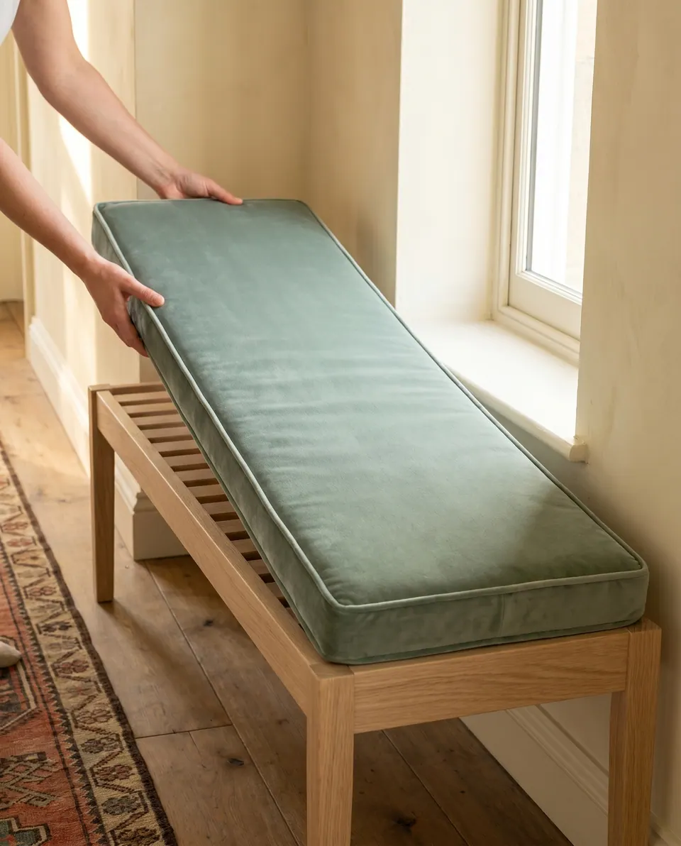 Sage velvet bench cushion with self piping being straightened on a slatted oak bench below a deep window sill
