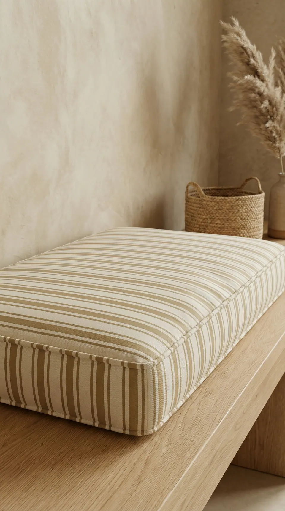 Thick cream cushion with sand and khaki stripes of mixed widths on a floating oak bench, with pampas and a seagrass basket