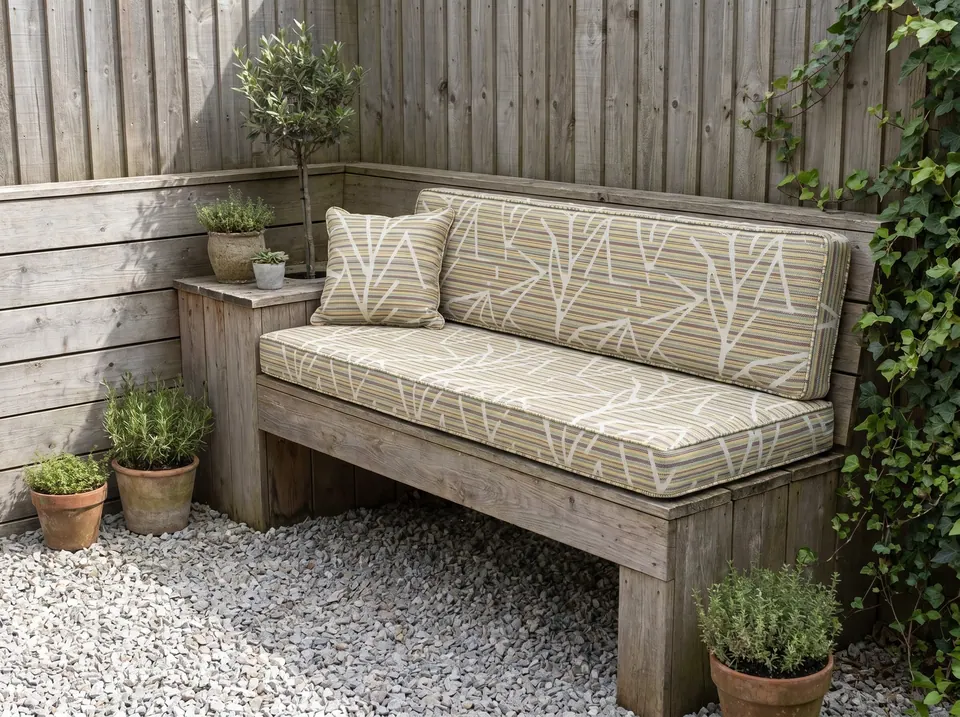 Sand-colored striped outdoor seat and back cushions with white branch pattern on a timber corner bench with herb pots