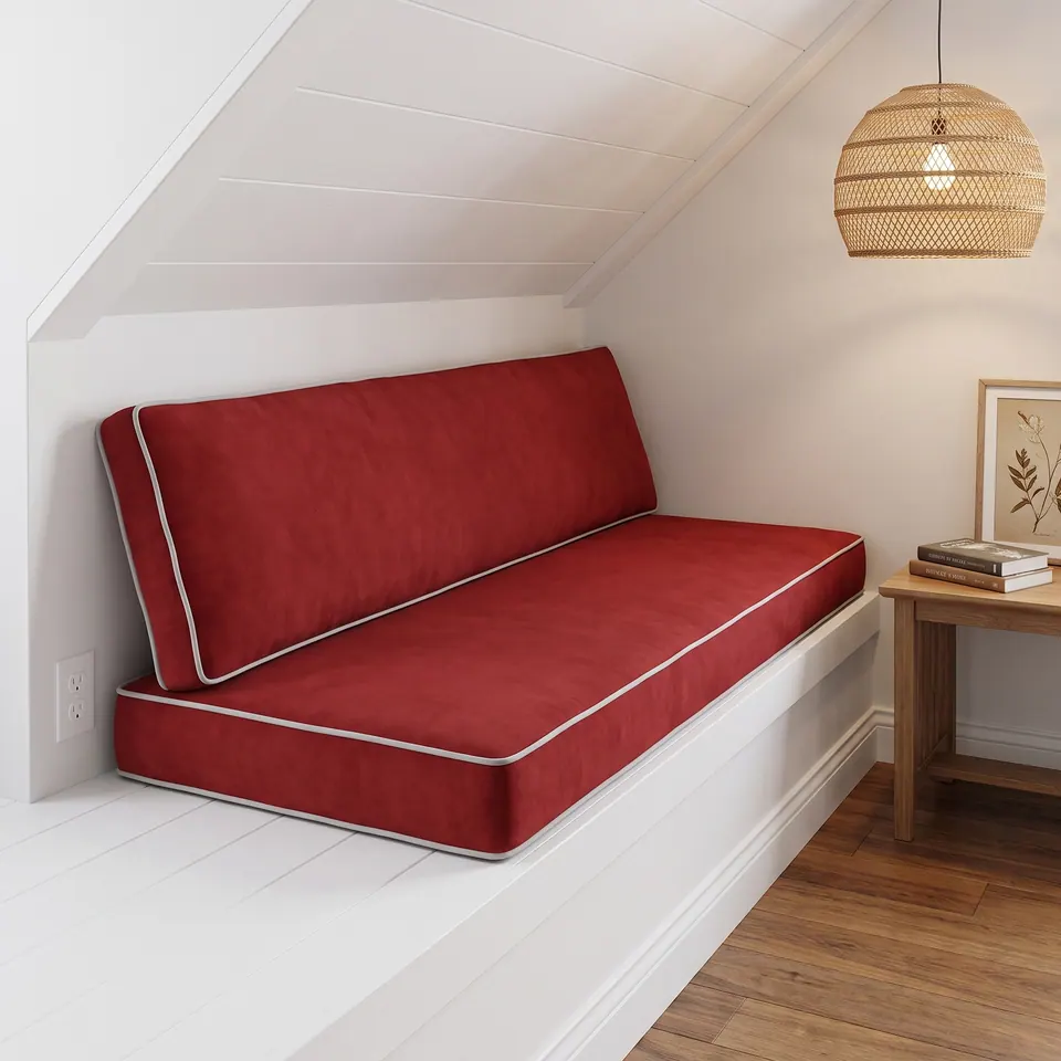 Pinned: Scarlet velvet box seat and back cushion with silver-gray piping on a white built-in ledge under a sloped attic ceiling