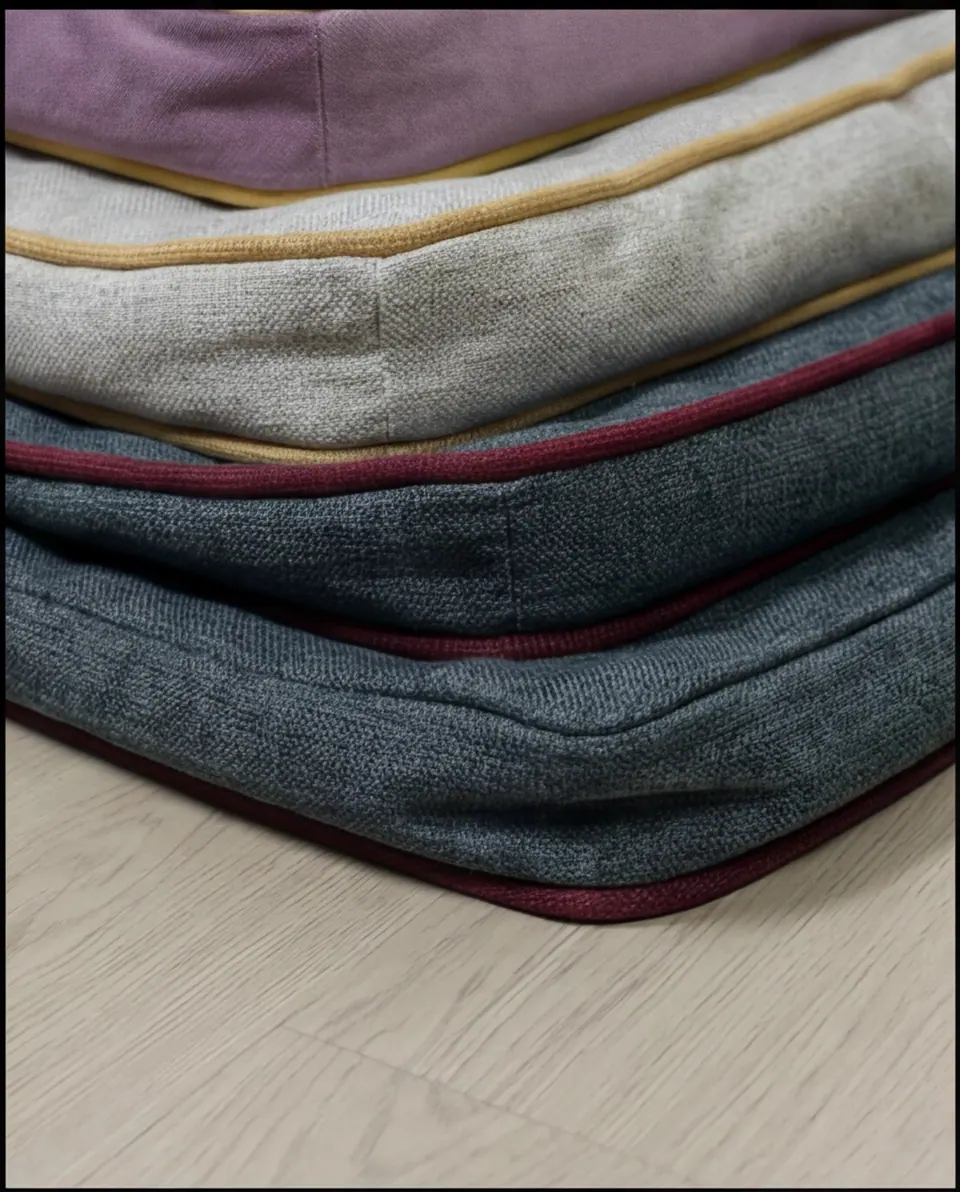Close-up of stacked bench cushion corners in pale gray and slate blue linen-look weave with gold and wine red piping