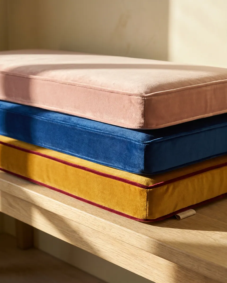 Three stacked velvet box cushions in blush, cobalt and mustard, the mustard edged in wine-red piping, on a light oak bench